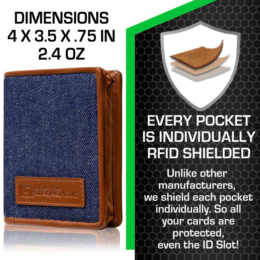 RFID minimalist denim wallet with brown leather border and front logo label, closed.