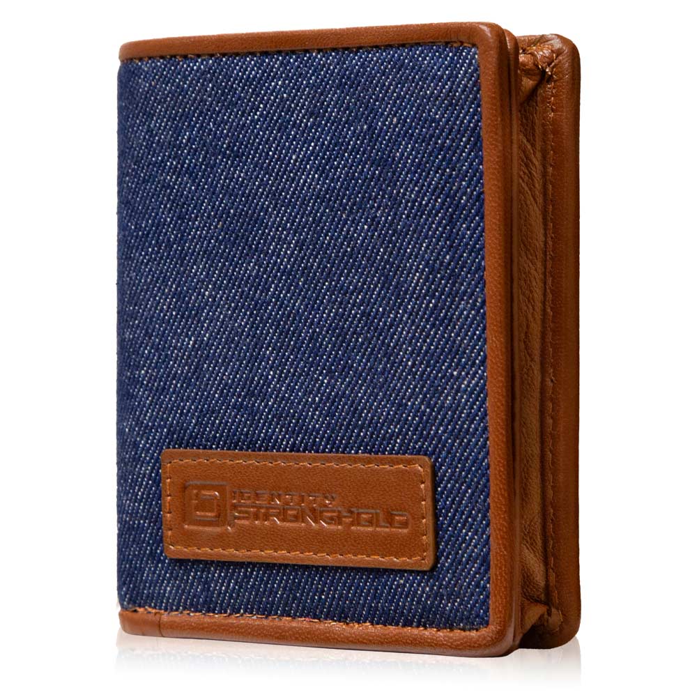 RFID minimalist denim wallet with brown leather trim and stitched logo patch on front.