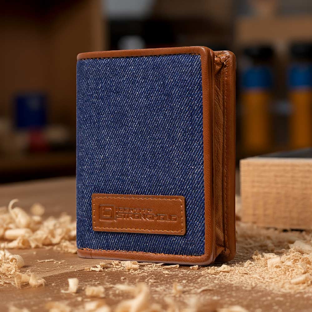 RFID minimalist denim wallet with brown leather trim and logo patch, standing upright.