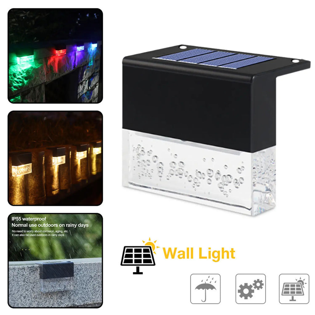 Black RGB solar step light with frosted lens, showing multicolor illumination