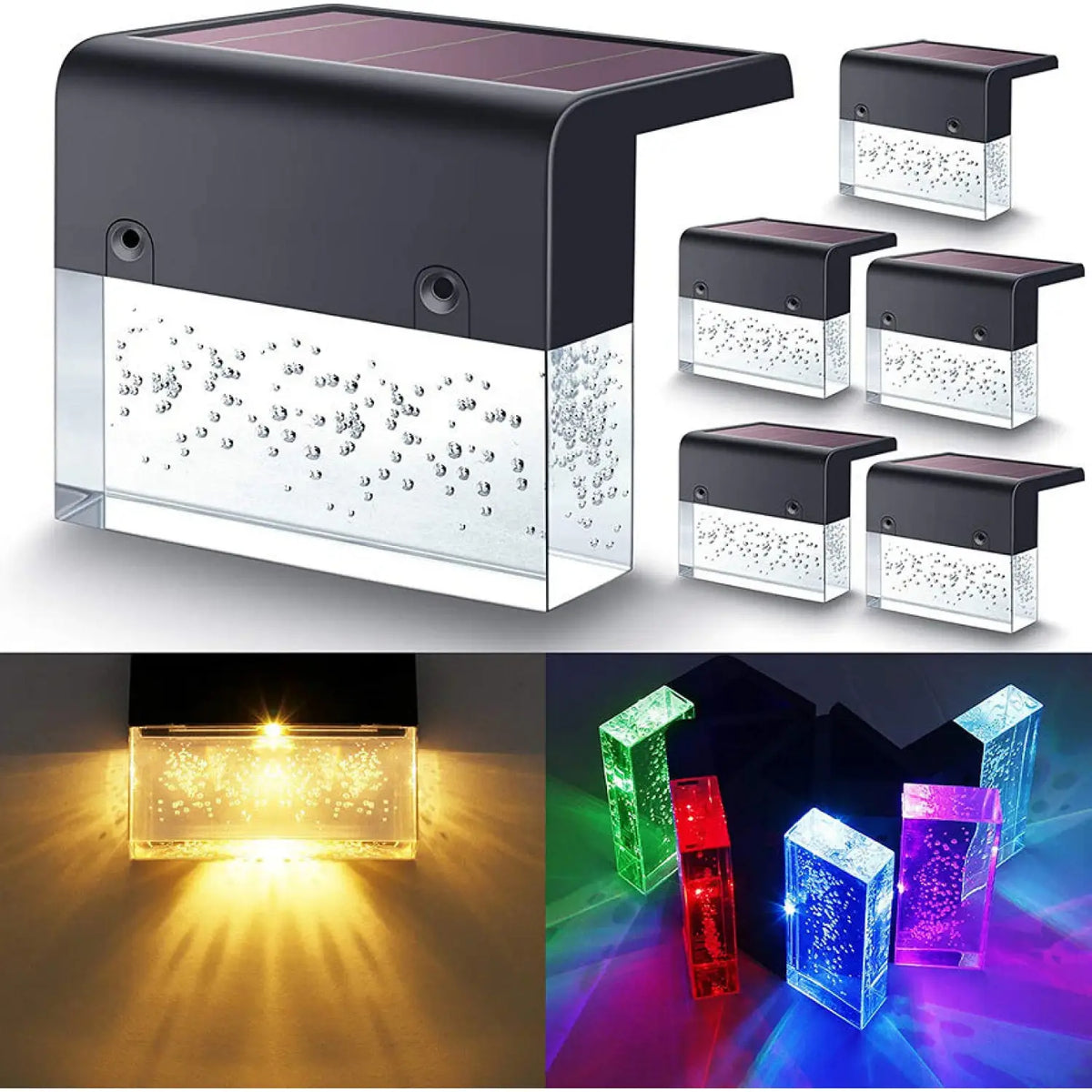 Black RGB solar fence light with frosted lens; multiple units shown