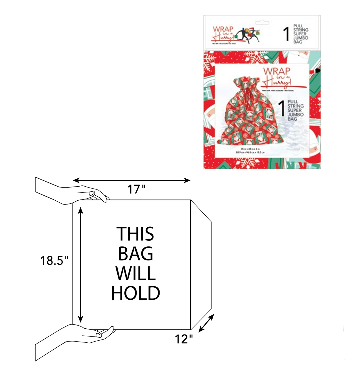 Super jumbo gift bag in retail package, red and green holiday print