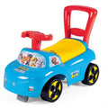 Blue ride-on Paw Patrol pusher car with red handle and yellow seat, four wheels.