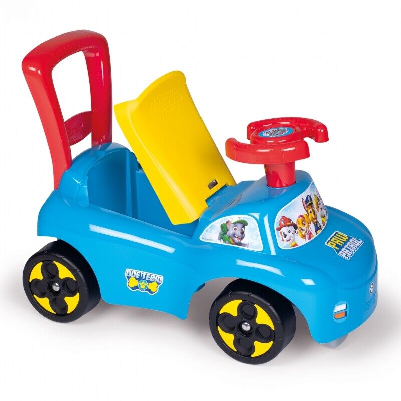 Blue ride-on Paw Patrol car with red handle, yellow seat, and black wheels.