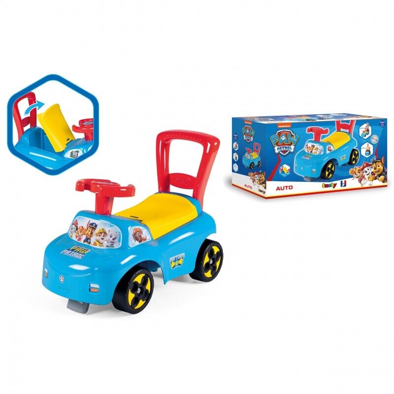 Blue Paw Patrol ride-on pusher car with red handle and yellow seat, shown with accessories.