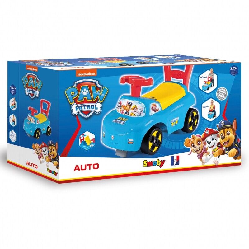 Paw Patrol ride-on auto toy box with blue car and yellow seat artwork, Smoby.
