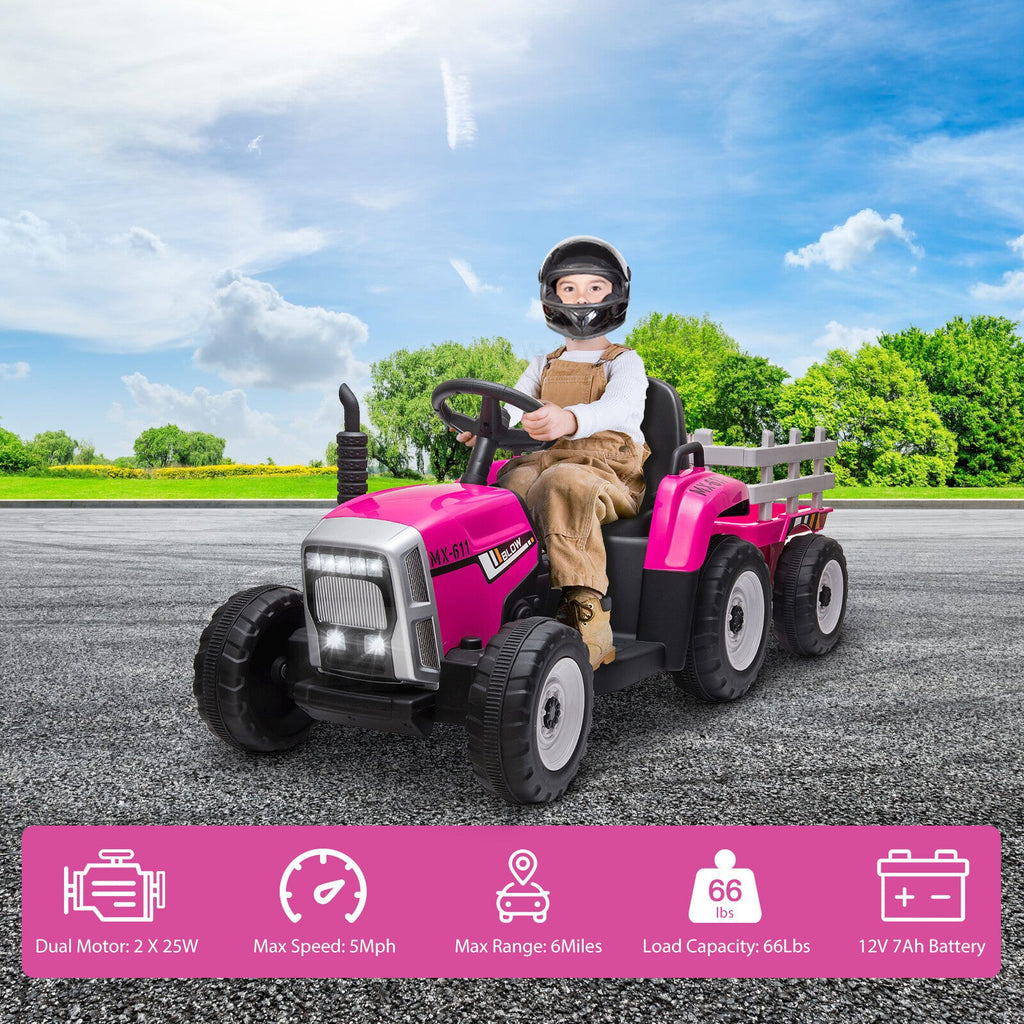 Pink 12V ride-on tractor toy with black seat, steering wheel, and attached trailer.