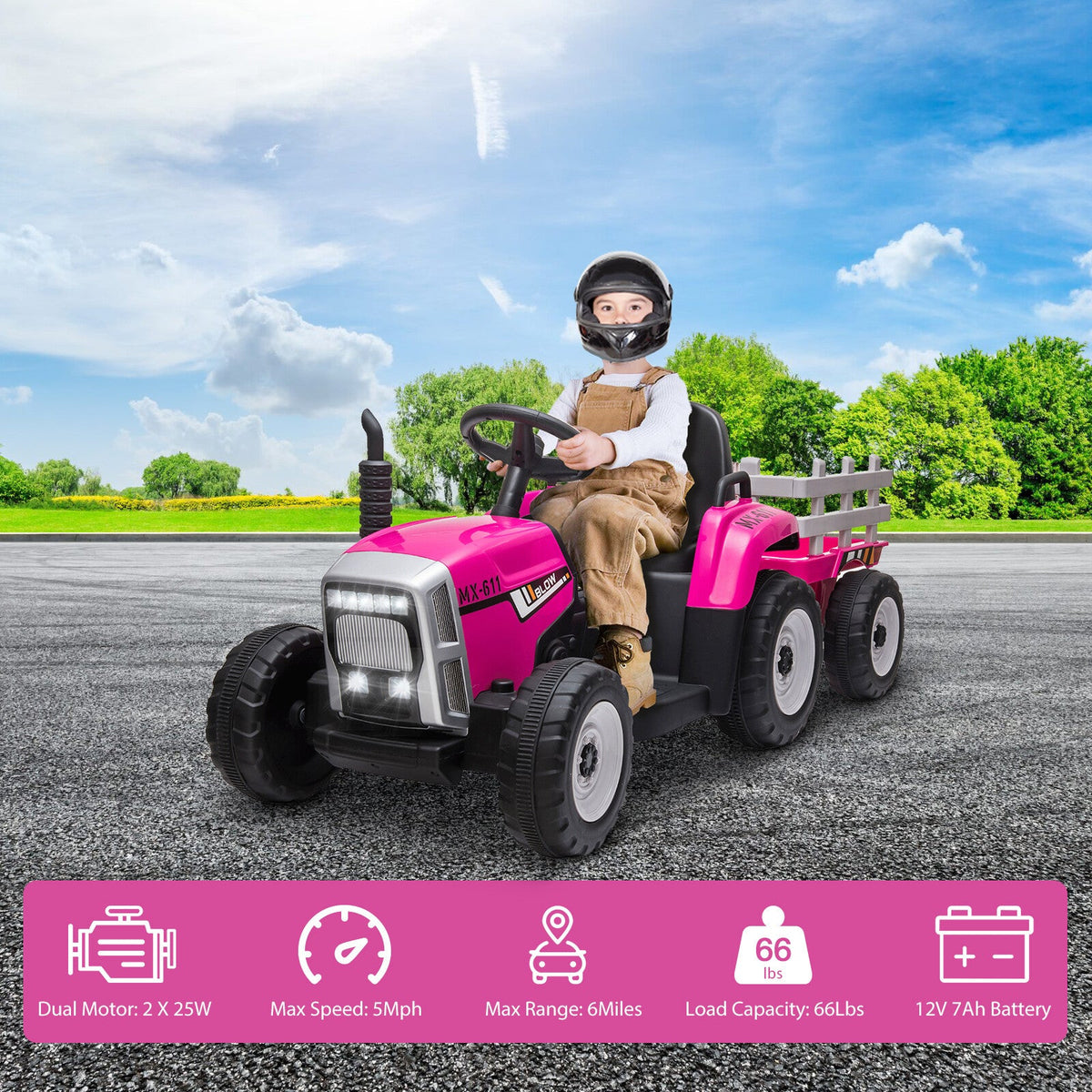 Pink 12V ride-on tractor toy with black seat, steering wheel, and attached trailer.
