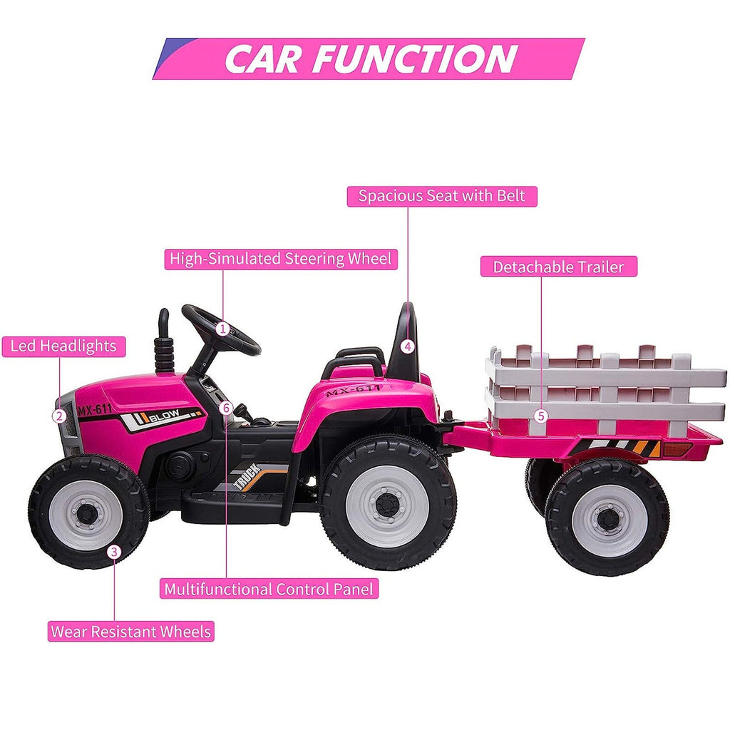 Pink battery ride-on tractor with trailer, black seat, headlights, steering wheel