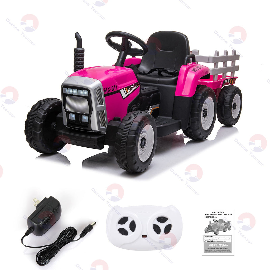 Pink ride-on tractor with trailer, black steering wheel, includes remote controller