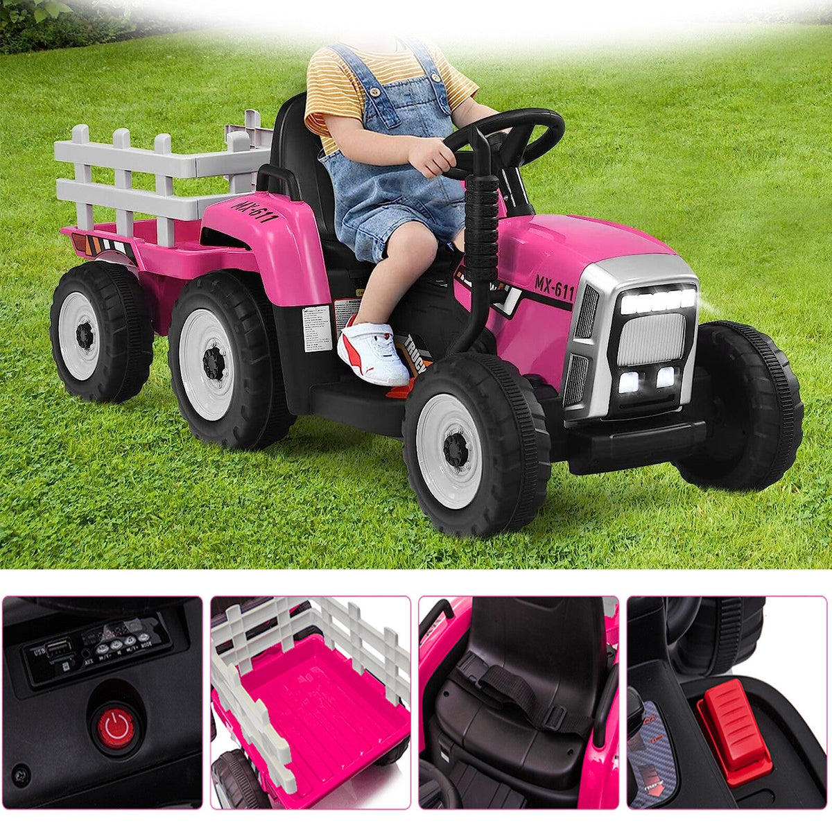 Pink ride-on tractor toy with black seat and steering wheel, trailer attached.