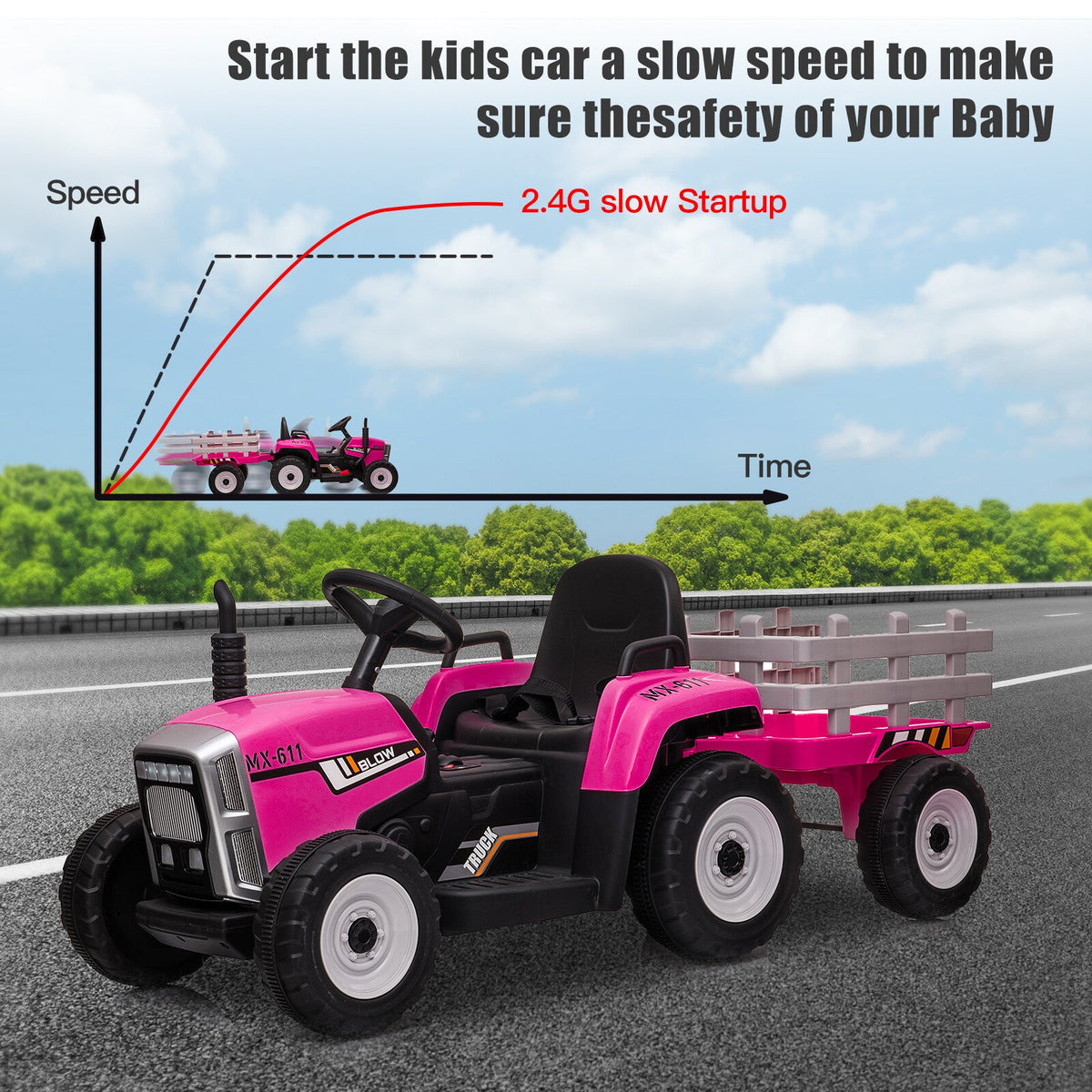 Pink ride-on tractor toy with black seat, front LED grille lights, and trailer.