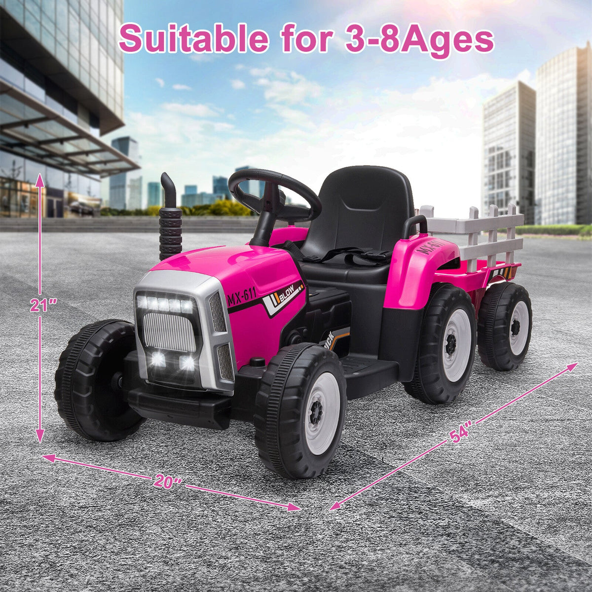 Pink ride-on tractor toy with black seat and front trailer, four rugged wheels.