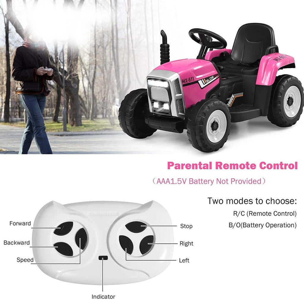 Pink ride-on tractor toy with black steering wheel and black seat, parental remote control.