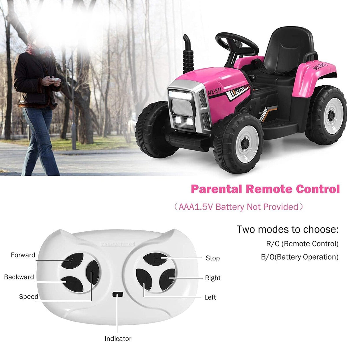 Pink ride-on tractor toy with black steering wheel and black seat, parental remote control.