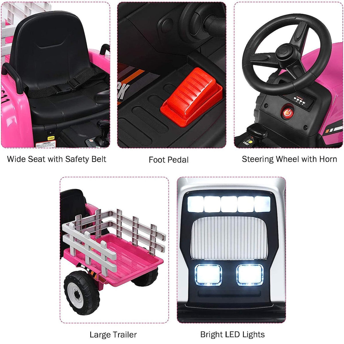 Ride-on tractor toy with safety-belt seat, foot pedal, horn steering wheel, and LED lights.