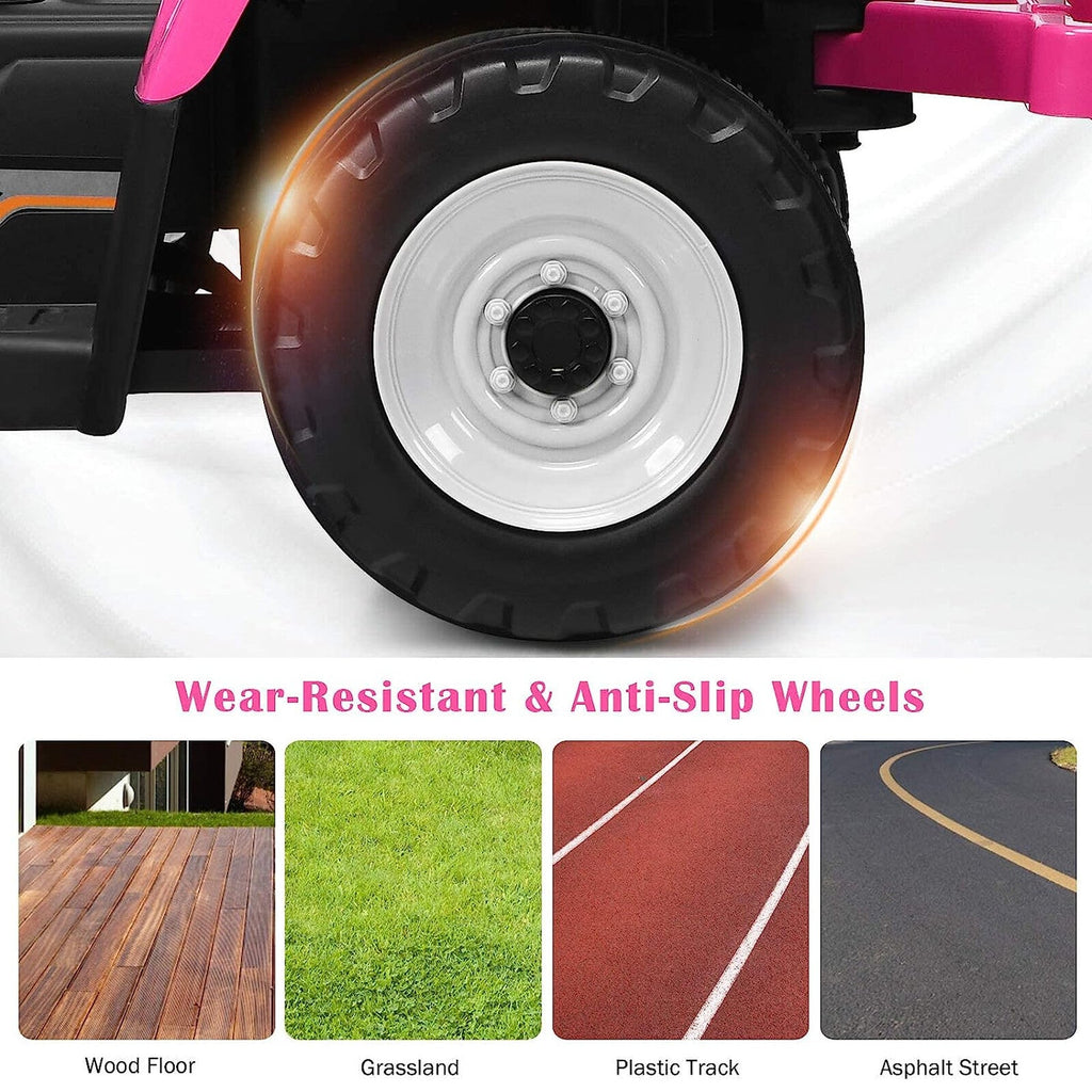 Wear-resistant anti-slip wheel with white rim on pink ride-on tractor toy.
