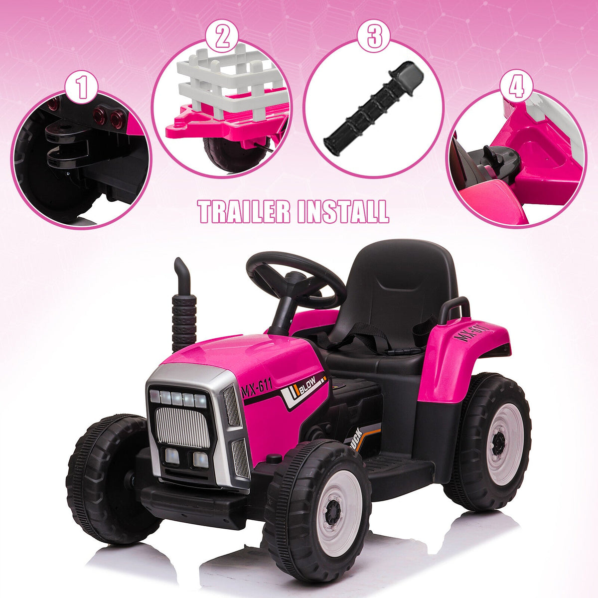 Pink ride-on electric tractor toy with removable trailer hitch for easy attachment.
