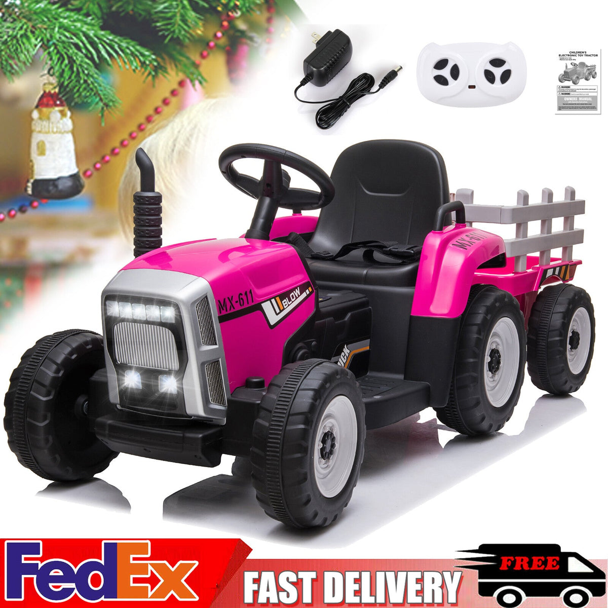 Pink ride-on tractor with trailer and working front headlights, black seat
