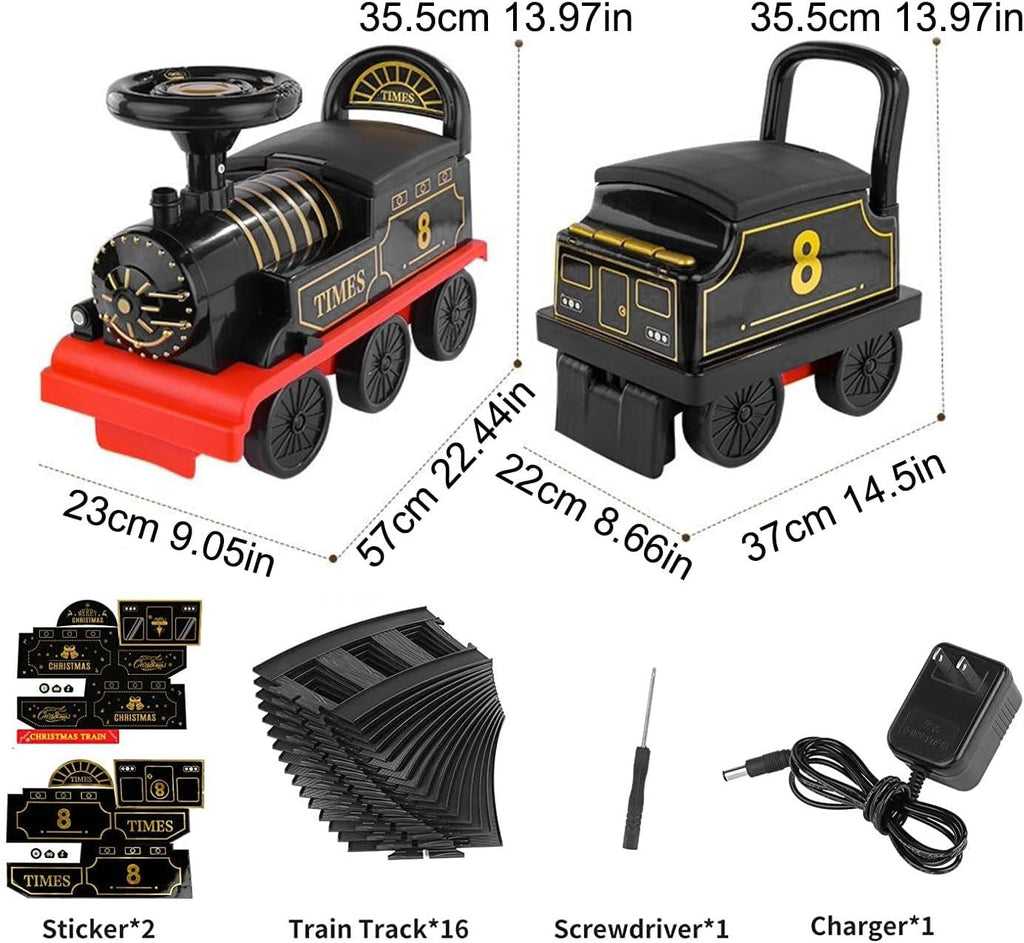 Black and gold electric toy locomotive with red base, seat, and front details with track pieces