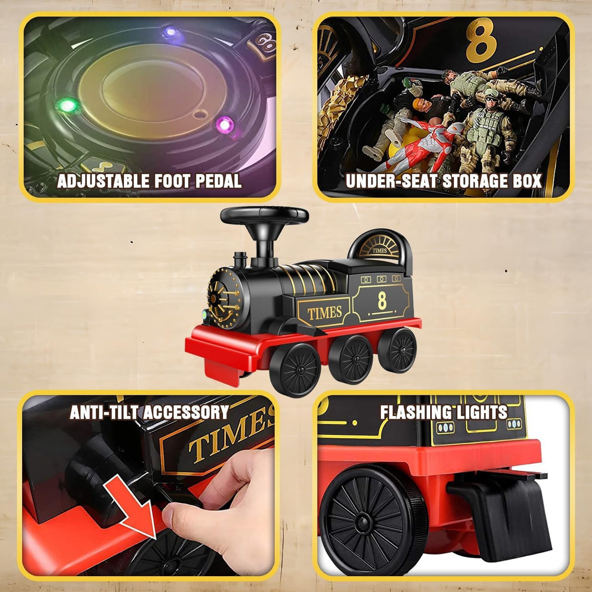 Black and gold electric toy locomotive with red base, flashing lights, and under-seat storage