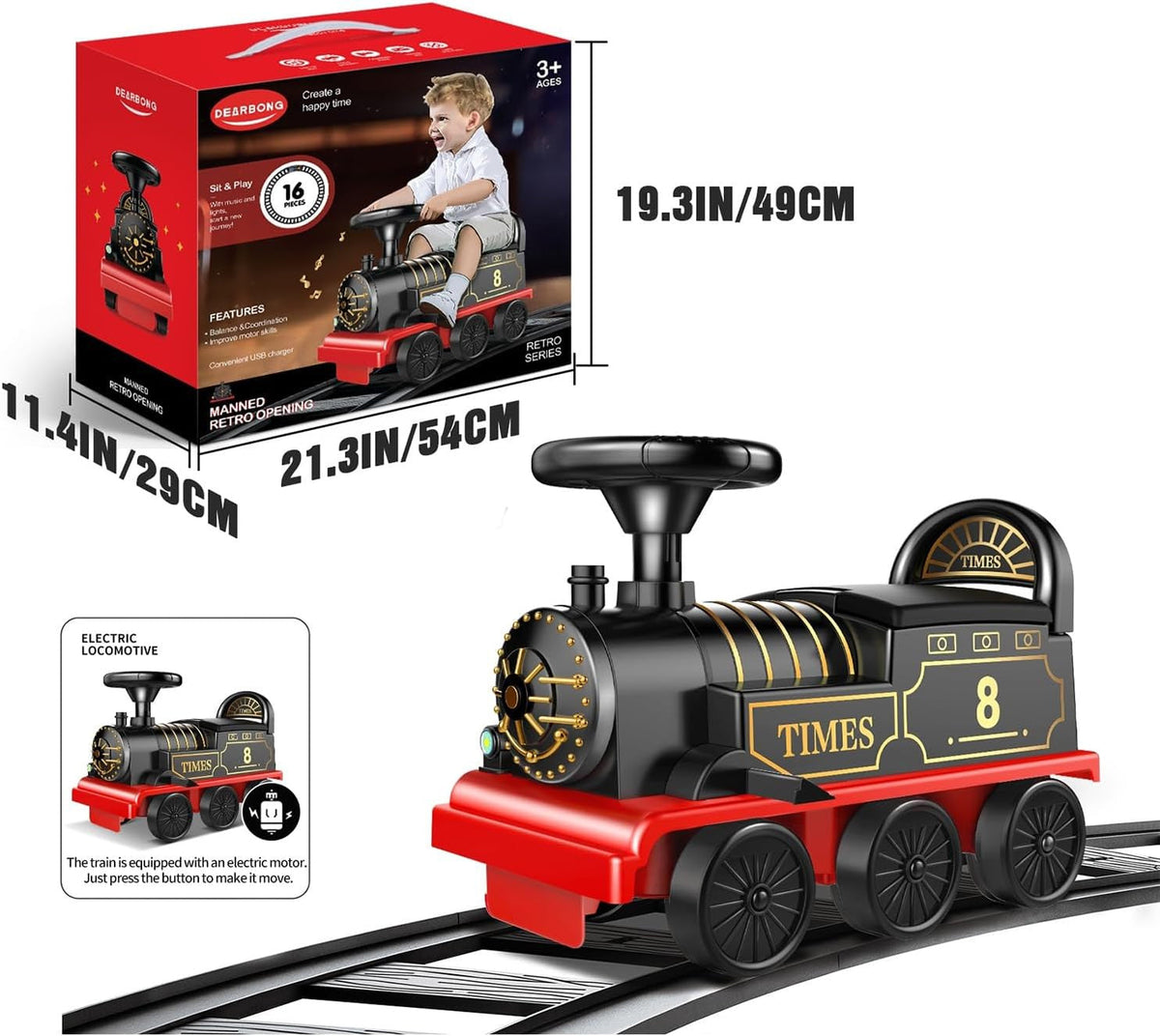 Electric toy locomotive set in retail box with black-and-gold details and red base