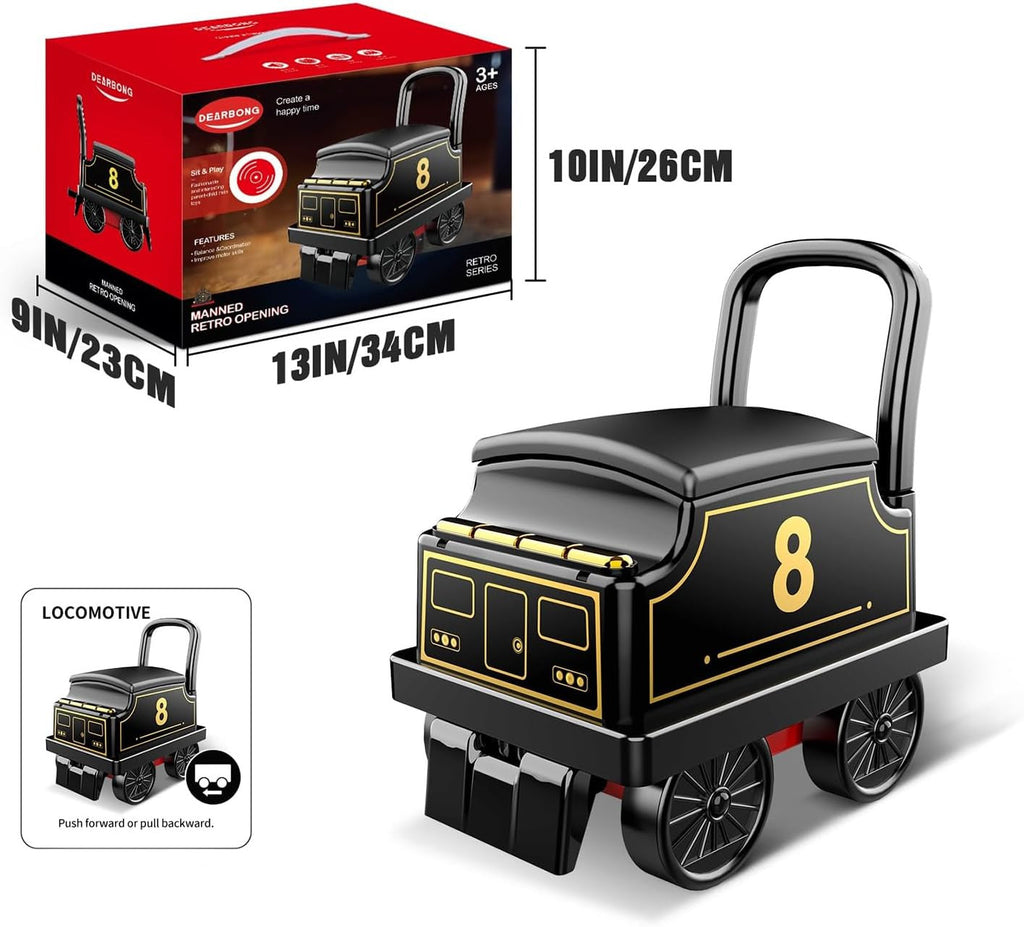 Black and gold electric toy locomotive with red base, handle seat, and four wheels