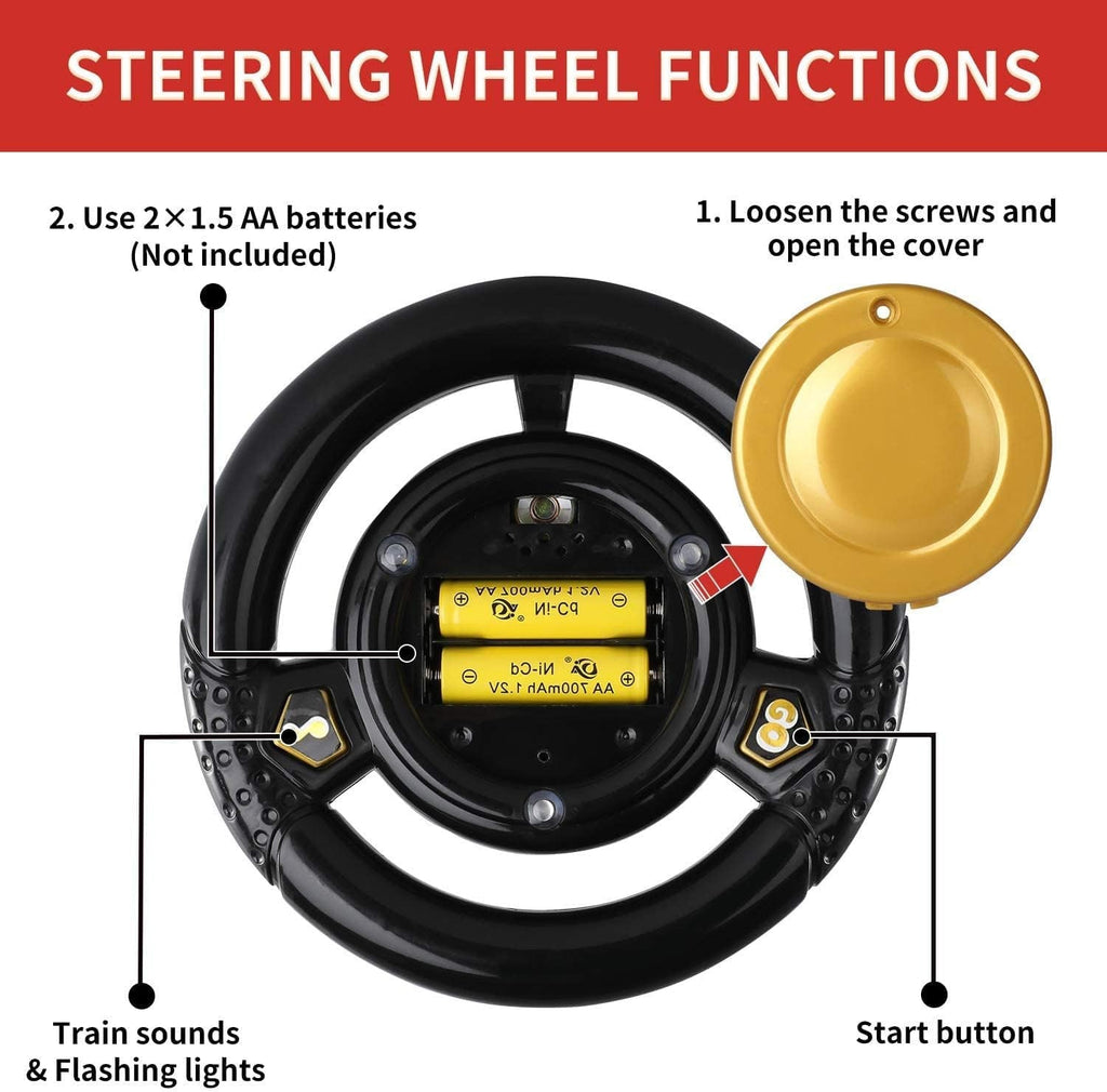 Black steering wheel controller with start button and battery compartment for toy train