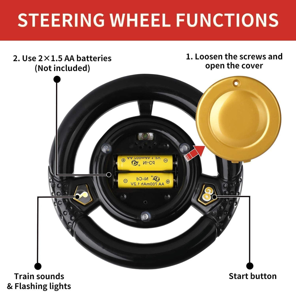 Black steering wheel controller with start button and battery compartment for toy train