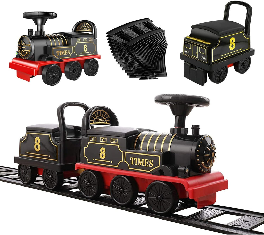 Black and red electric toy locomotive with smokestack and number 8 detail on track