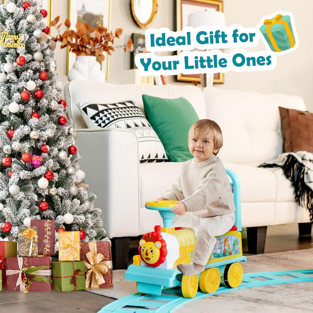 Kids electric ride-on train toy with lion face and seated toddler