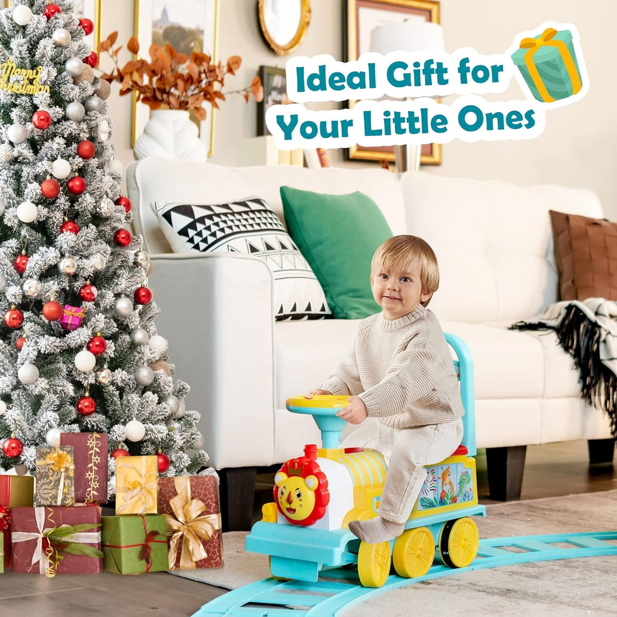 Kids electric ride-on train toy with lion face and seated toddler