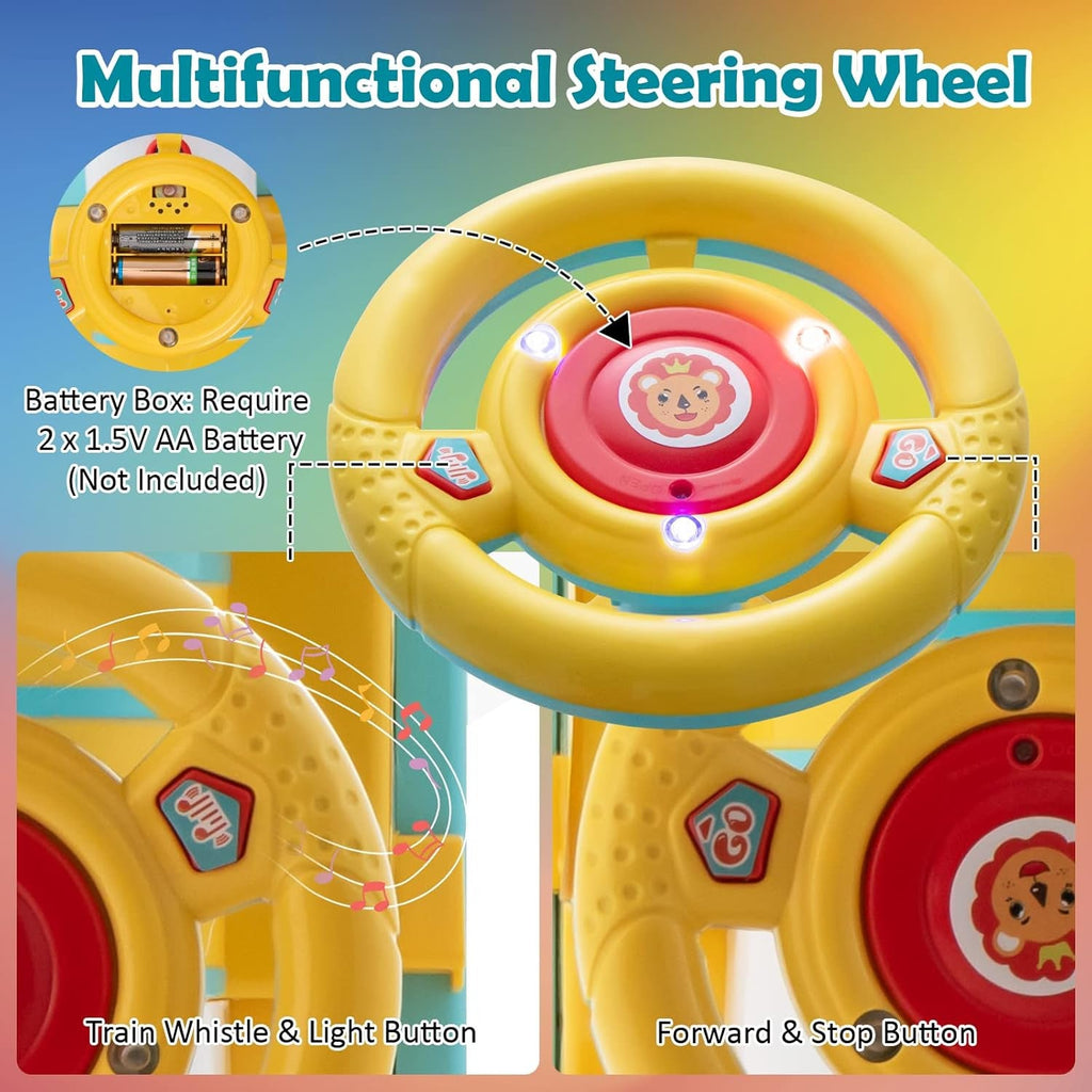 Ride-on train steering wheel with buttons for whistle, lights, and direction