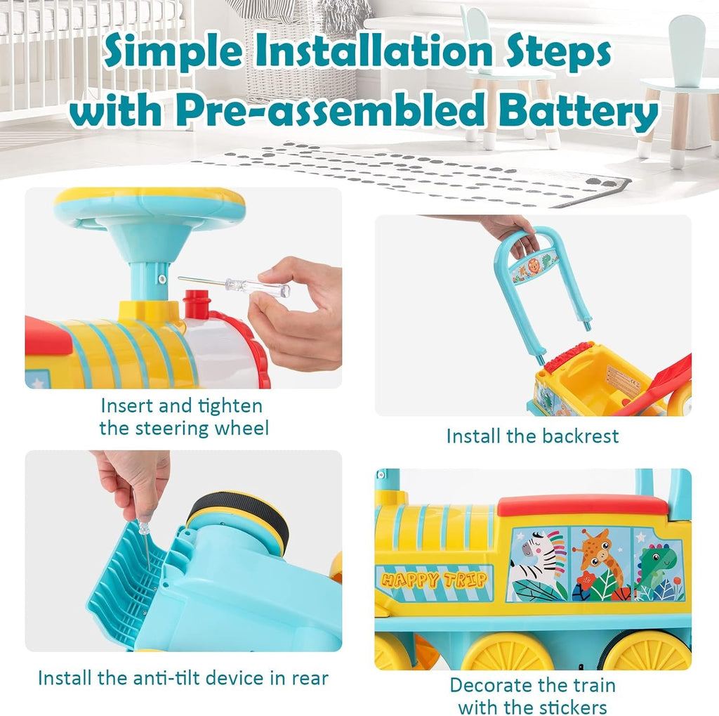Ride-on train assembly with steering wheel installation and backrest setup