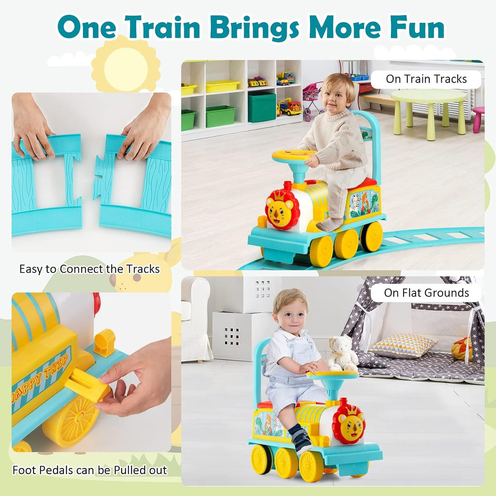 Kids electric ride-on train toy with track connectors and seated child