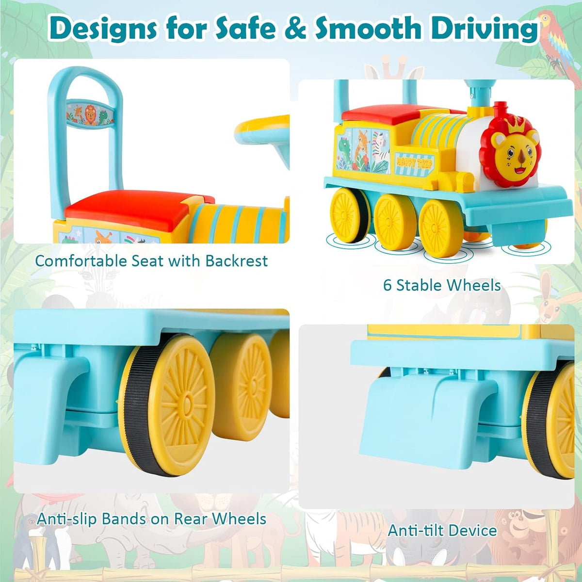 Electric ride-on train toy with backrest seat and stable anti-slip wheels