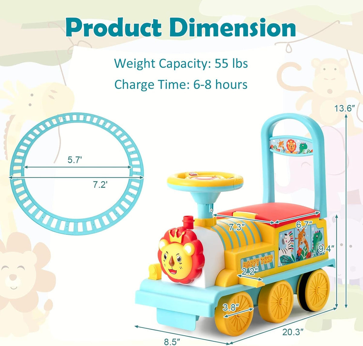 Electric ride-on train toy with lion front, large wheels, and dimension guide