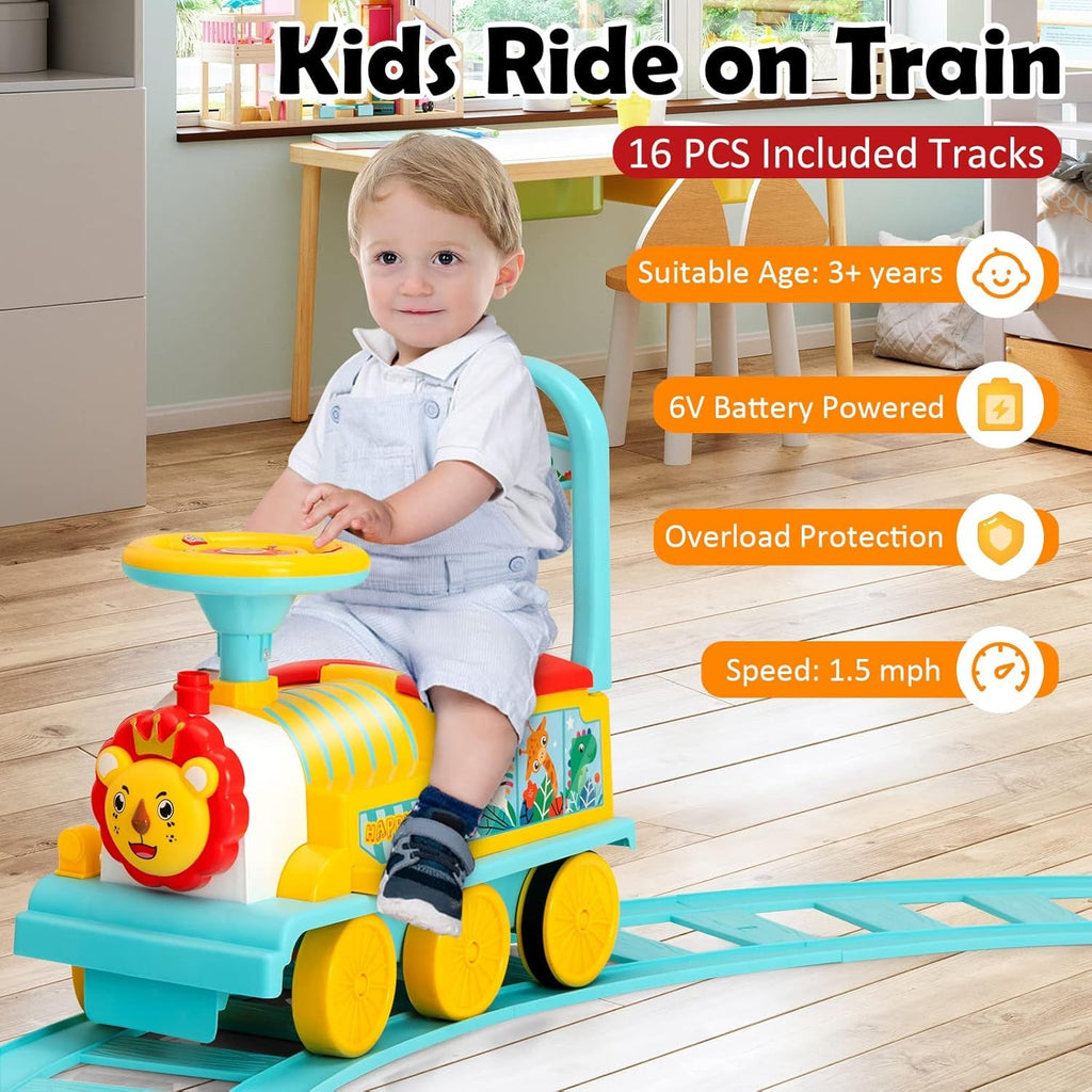 Electric ride-on train toy with seated toddler and blue track pieces