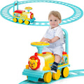 Electric ride-on train toy with blue track loop and seated toddler, front view