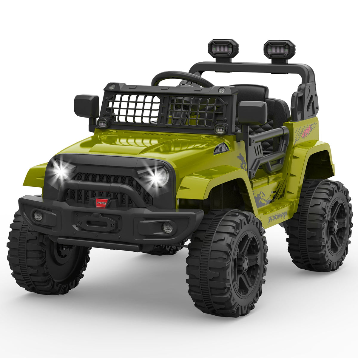Olive green electric ride-on truck with LED headlights, grille, and two light bars