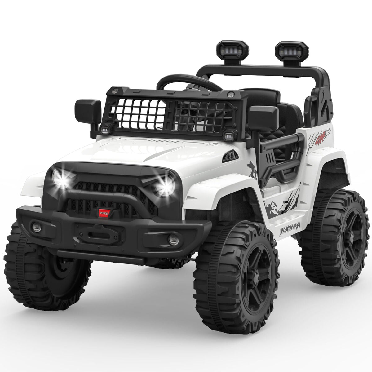 White electric ride-on truck with LED headlights, grille guard, and rooftop light bars