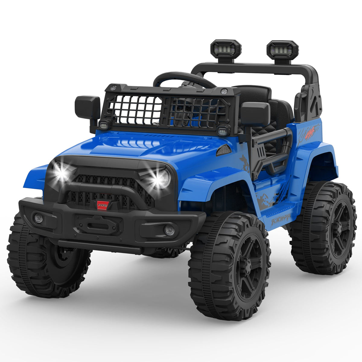 Blue electric ride-on truck with LED headlights, grille guard, and two rooftop light bars