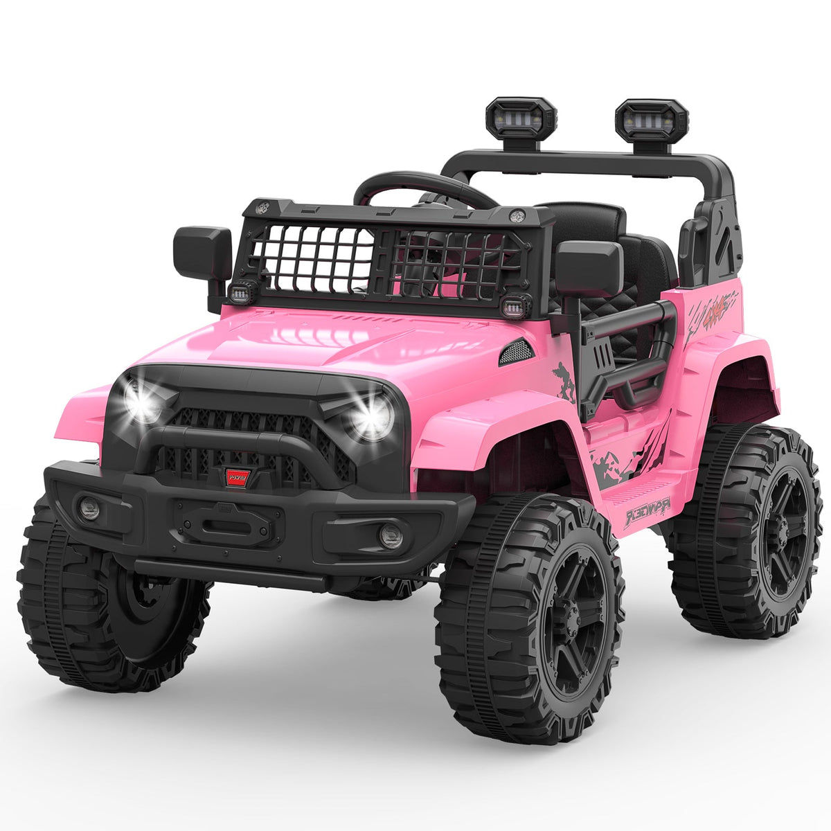 Pink electric ride-on truck with LED headlights, grille, and two rooftop light bars