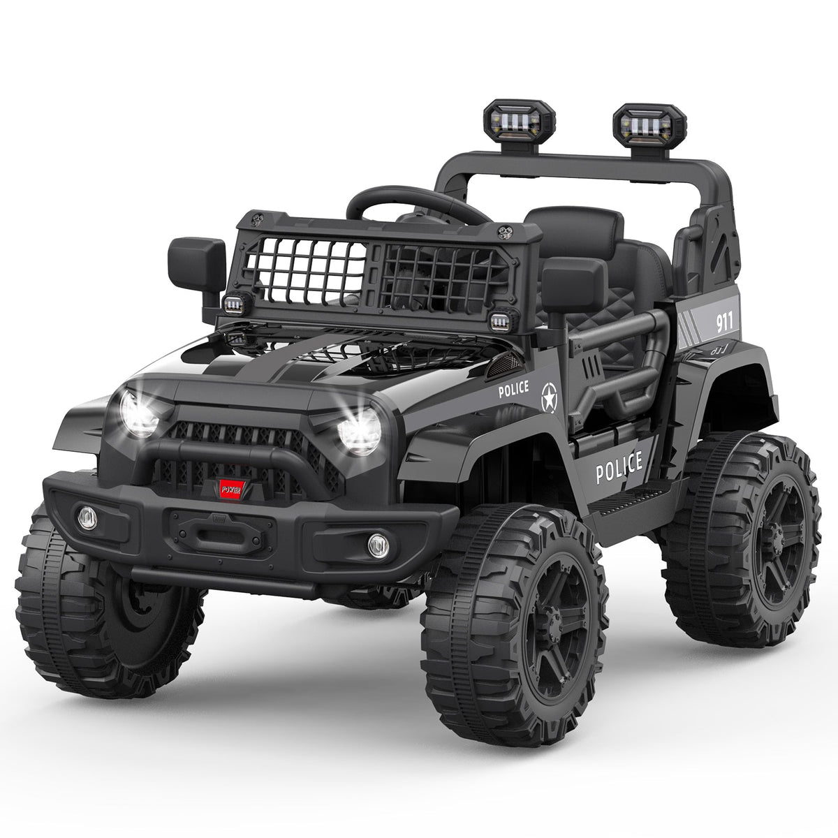 Black police-style ride-on electric truck, front and side view with roof light bars