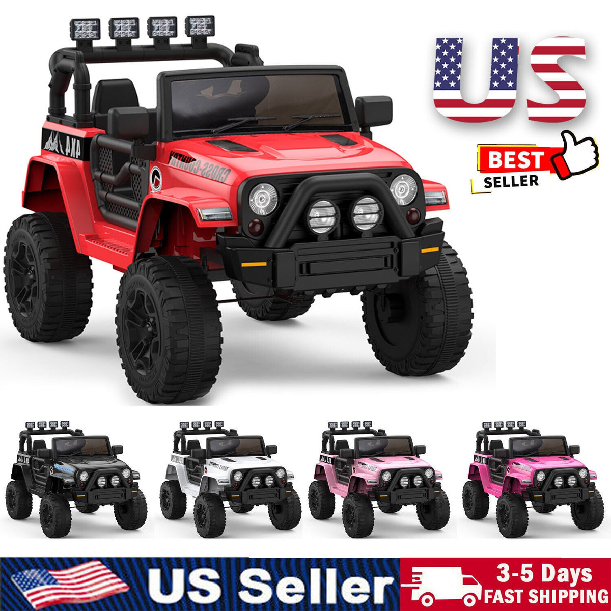 Red ride-on 4x4 electric truck car with LED-style lights, grille, and oversized off-road tires.