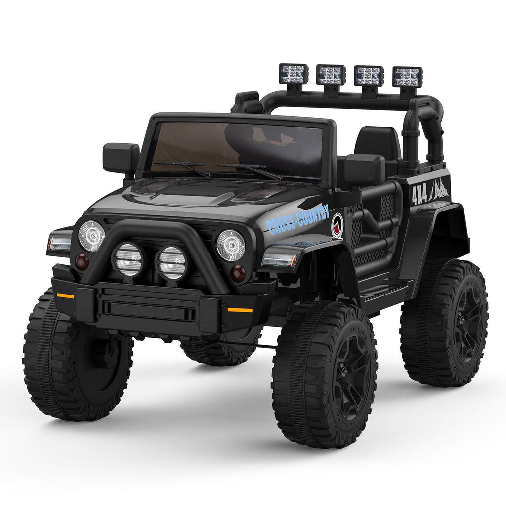 Black 12V ride-on electric truck with front LED headlights, grille, and chunky tires