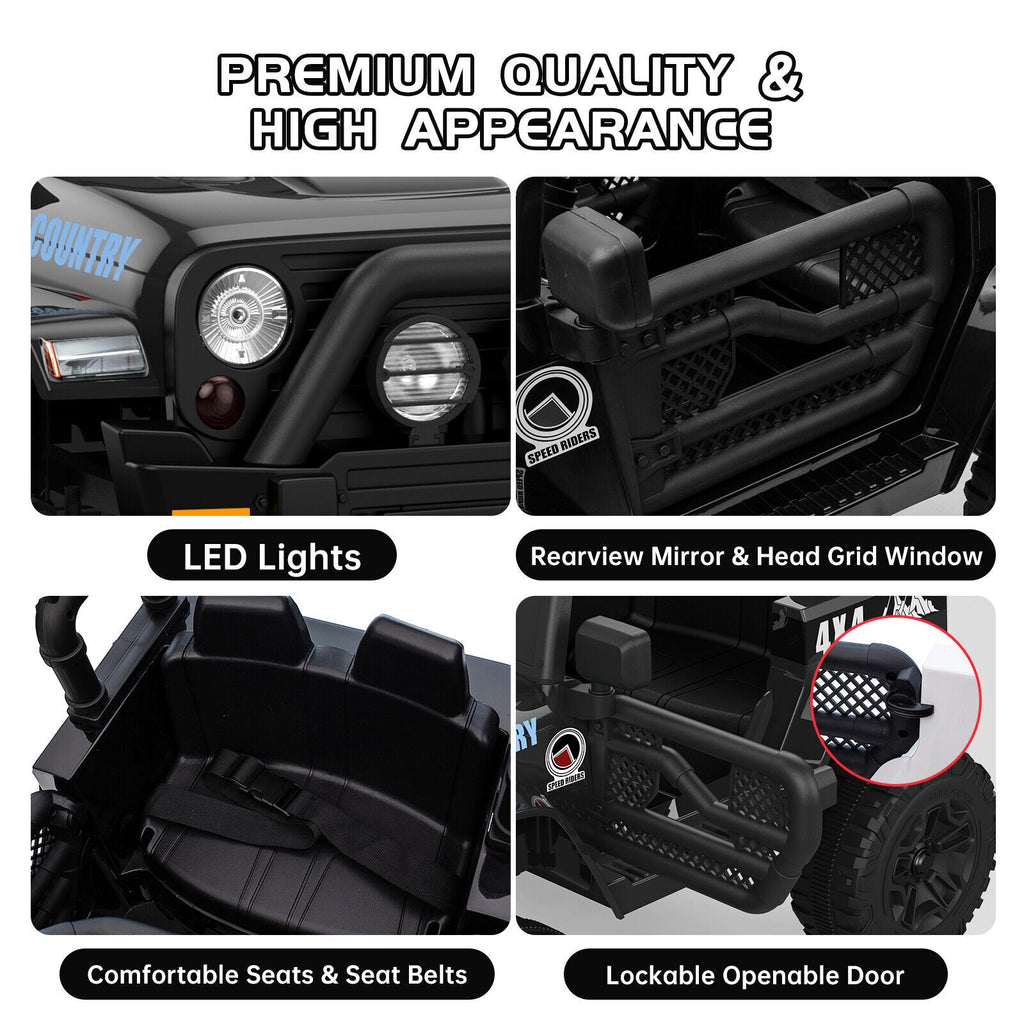 Black ride-on electric truck cabin details: LED lights, mirror, openable door, seat belts