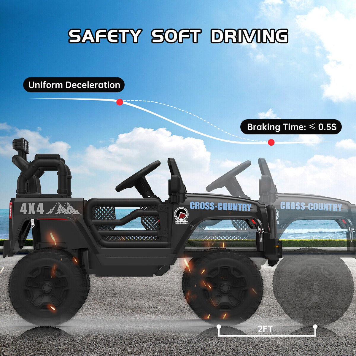 Black ride-on electric truck with large wheels and protective roll bar, shown in motion