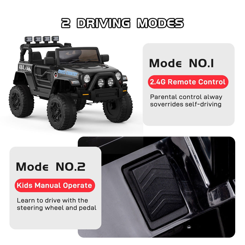 Black ride-on electric truck with remote-control mode and manual operation pedal