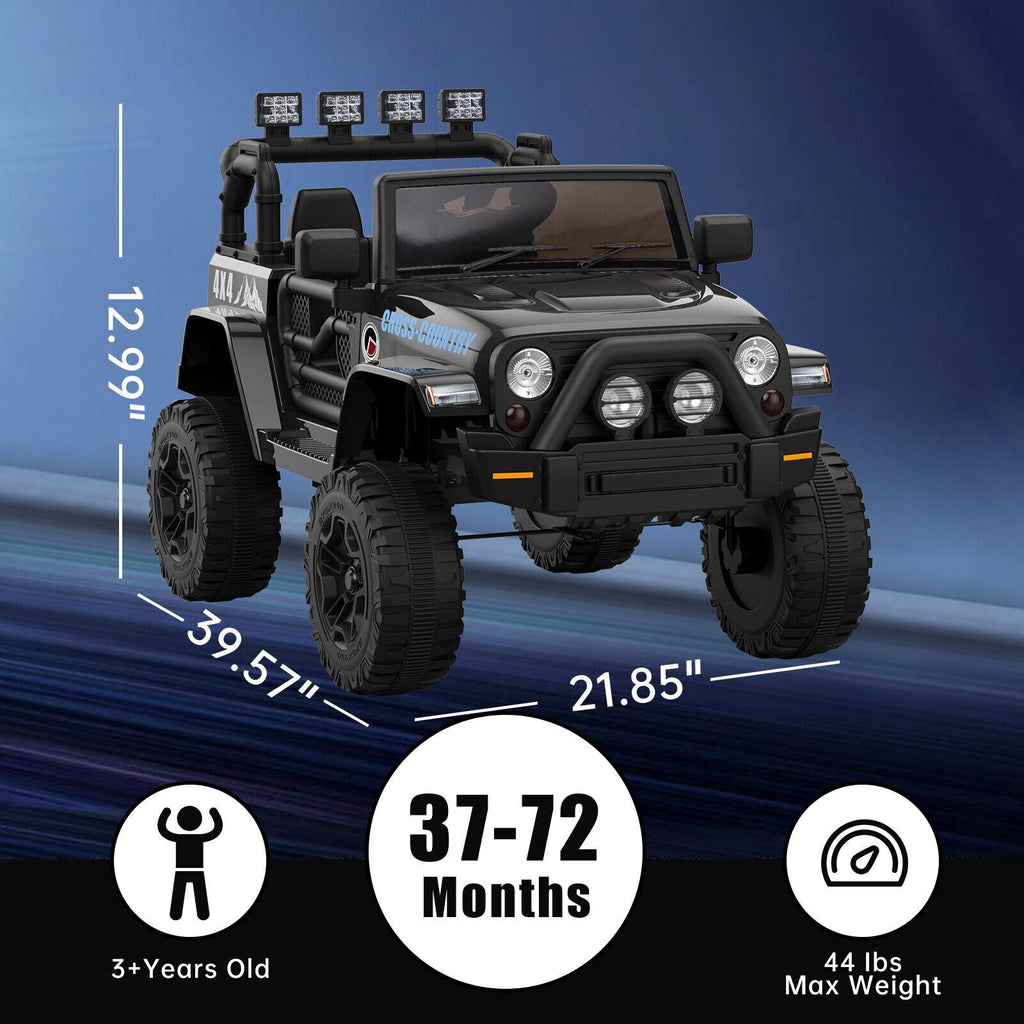 Black ride-on electric truck with front profile and size measurements, 4x4 style body